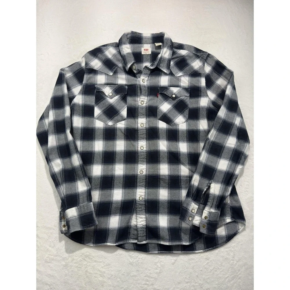 Levis Shirt Mens XL Blue Plaid Flannel Western Pearl Snap Long Sleeve Casual